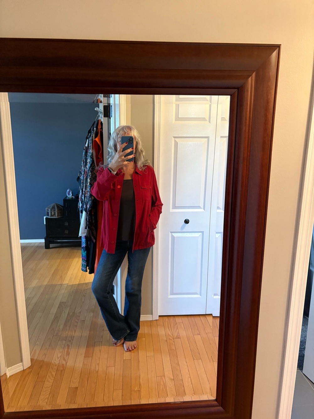 Blue Sky Red Linen and Bamboo Shacket with pockets